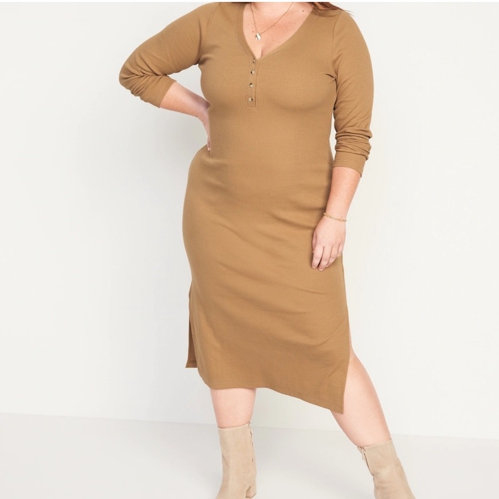 Old Navy Acacia / Camel Brown Fitted Rib Knit Long Sleeve Henley Midi Dress 2X